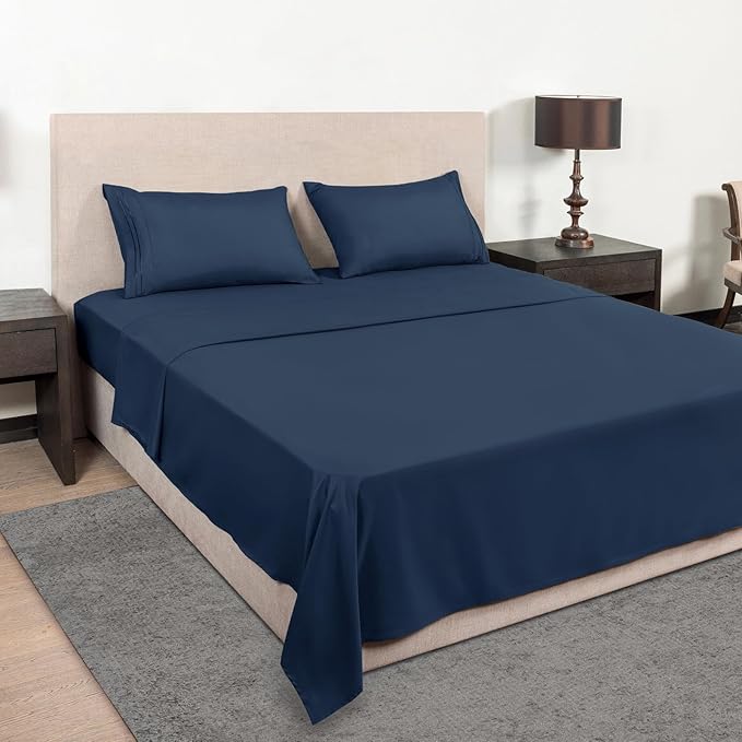 Mejoroom King Size Bed Sheet Set - Hotel Luxury 1800 Bedding Sheets & Pillowcases - 16" Deep Pocket Fitted Sheet, Soft, Breathable, Wrinkle & Fade Resistant - 4 Piece(King,Navy)