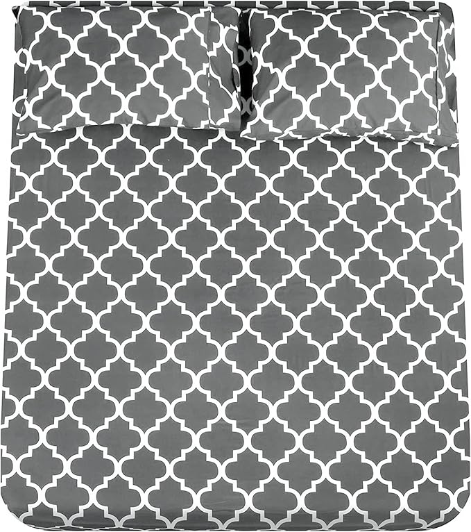 Mejoroom Queen Bed Sheet Set - Super Soft Brushed Microfiber 1800 Thread Count Queen Sheets with 16 inch Deep Pocket - Wrinkle Free - 4 Piece(Queen, Gray Quatrefoil with White Pattern)