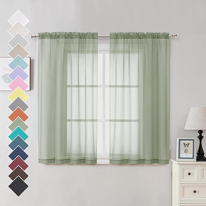 OVZME 2 Panels Sheer Sage Green Curtains 54 Inches Length Window Treatment for Kitchen, Elegant Airy Transparent Curtain Draperies Rod Pocket for Kids Living Room, Each 42 Width 54 Length