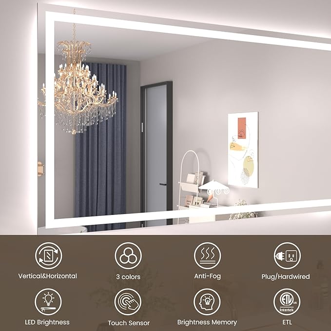 55"X36" LED Bathroom Mirror with Front Lights and Backlit, Anti-Fog, Dimmable, Shatter-Proof Tempered Glass, Lighted Bathroom Vanity Mirror for Wall with 3 Colors, Memory Function