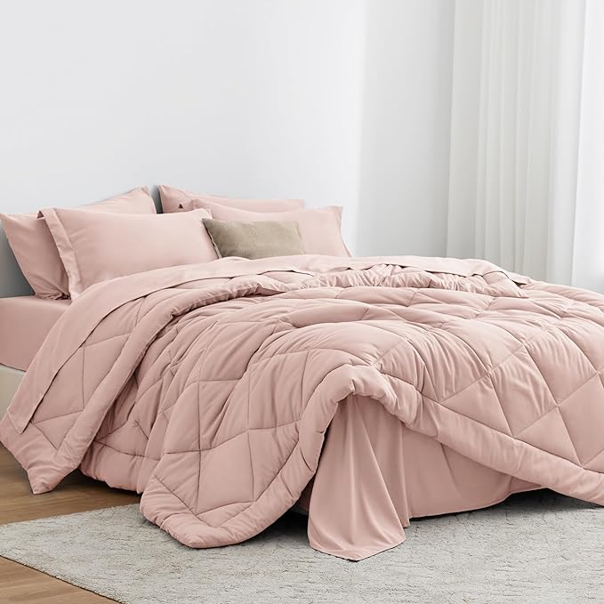 Love's cabin Full Comforter Set Pink, 7 Pieces Full Bed in a Bag, All Season Bedding Sets with 1 Comforter, 1 Flat Sheet, 1 Fitted Sheet, 2 Pillowcase and 2 Pillow Sham