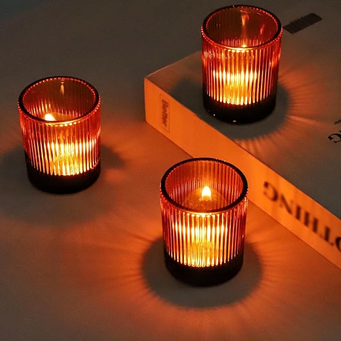 VOHO 24pcs Votive Candle Holders Bulk Wedding Centerpieces for Tables, Amber Tea Lights Candle Holder for Home/Fall Decor, Glass Ribbed Votive Candle Holder Gift Idea