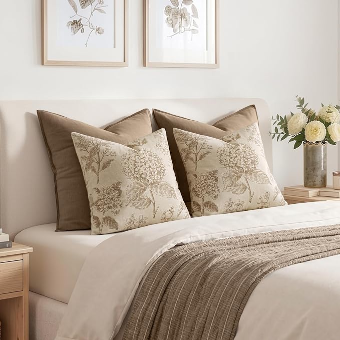Set of 2 Decorative Floral Pillow Covers 20x20 Inch Tan Beige | Neutral - Image 6