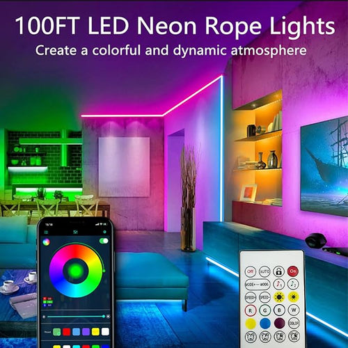 100FT (2 Rolls 50FT) Neon Rope Lights,Flexible Led Rope Light Control with App/Remote,Multiple Modes,Music Sync,IP65 Outdoor RGB Led Strip Lights Waterproof