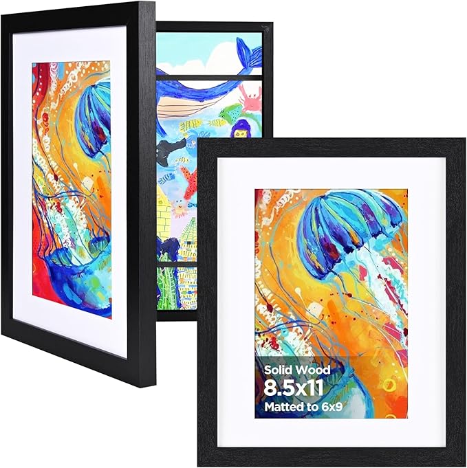 KINLINK 8.5x11 Kids Art Frames Set of 2, Solid Wood Kids Artwork Frames Changeable with Acrylic Front Opening Holds 150 Pictures, Art Frame for Kids Artwork with Mat or without Mat, Black
