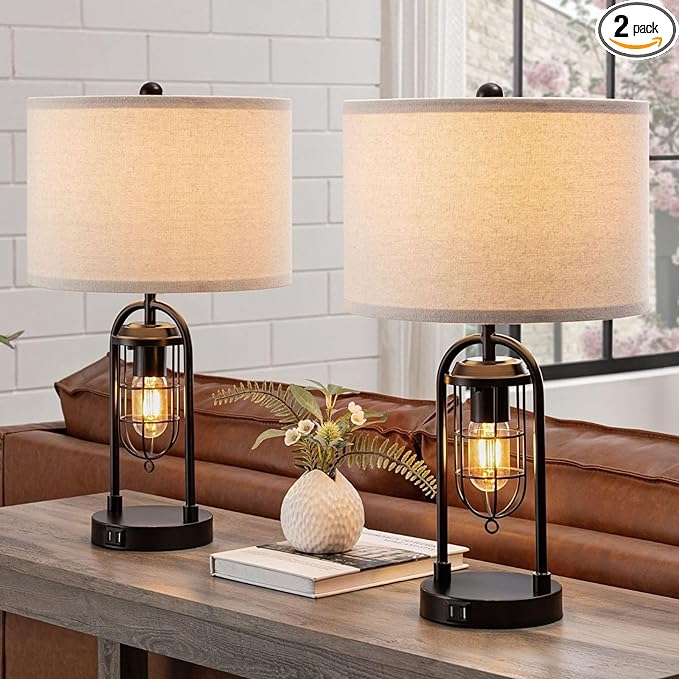 KAWOTI Set of 2 Farmhouse Table Lamps with USB Ports and Night Light Modern Nightstand Lamp for Living Room Bedroom（Bulbs Included）