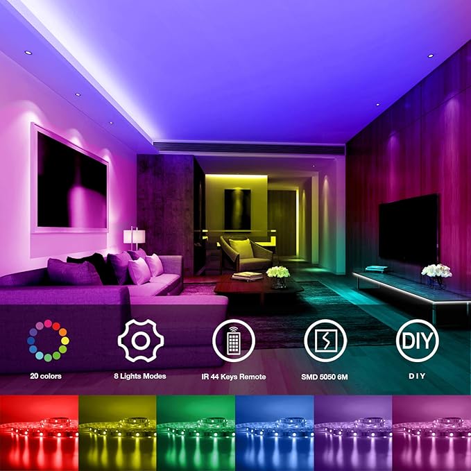 DAYBETTER SMD 5050 Remote Control Led Strip Lights 20ft, RGB Color Changing Led Strip with Remote Control for Room, Bedroom, Suitable for Home Decor, Living Room, Kitchen, Home Party Decoration, 24V