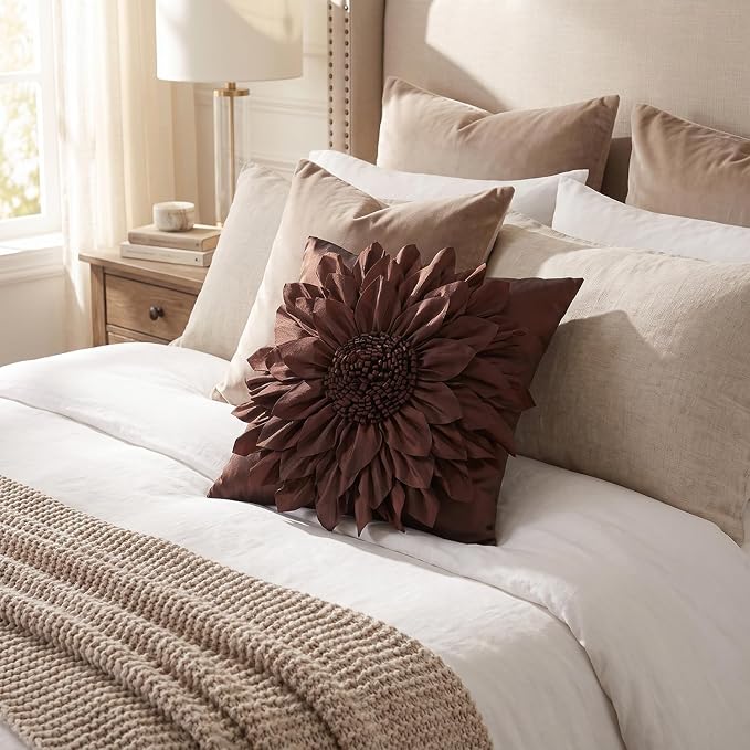 Brown Accent 3D Flower Decorative Throw Pillow Covers - Image 3