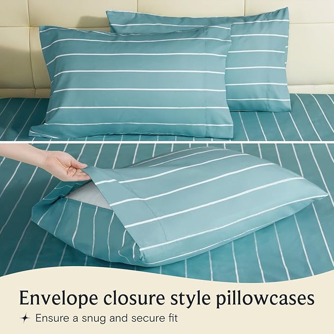 LuxClub Striped Sheets, 3 PC Striped Bed Sheets Twin Size, Deep Pockets Wrinkle Free-Kids-Fitted Sheets Machine Washable Hotel Bedding (Twin, Light Blue)