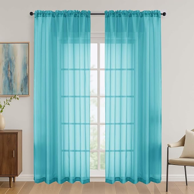 Turquoise Sheer Curtains 84 Inches Long 2 Panels Set, Light Filtering Sheer by OVZME