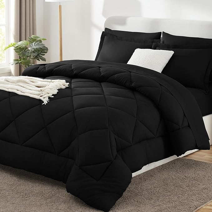 CozyLux Oversized Queen Comforter Set Black - 7 Pieces Bed in a Bag Comforter Set with Sheets, Luxury Soft Bed Set All Seasons, Bedding Set with Down Alternative Comforter, Sheets, Pillowcases & Shams