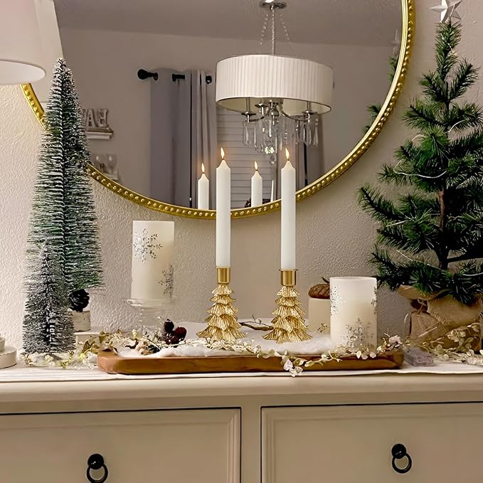 WDS WONDROUS Christmas Tree Candle Holders Set of 4 – Taper Candle Holders for Christmas Decorations, Gold Resin Candlestick Holders with Table Top, Metal, Dining Table Centerpieces & Holiday Decor