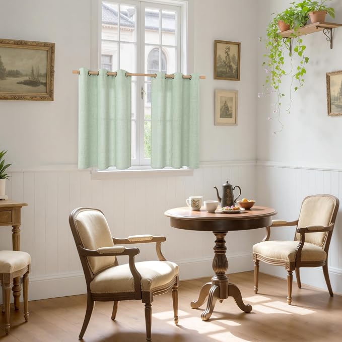YoungsTex Sage Green Kitchen Window Curtains, Short Linen Drapes - Image 2