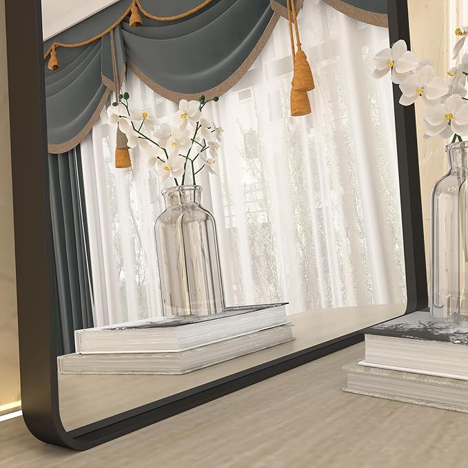 CHAMROR 24x32 Inch Black Metal Framed Bathrrom Mirror for Wall, Black Rounded Rectangle Mirror, Matte Black Bathroom Vanity Mirror, Anti-Rust, Tempered Glass, Hangs Horizontally or Vertically