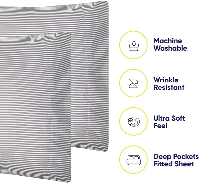 Queen Sheets Stripe Grey - 6 Piece 1500 Supreme Collection Fine Brushed Microfiber Deep Pocket Queen Sheet Set Bedding - 2 Extra Pillow Cases, Great Value, Queen, Classic Stripe Gray