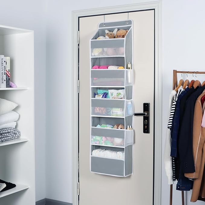 Univivi Hanging Storage Organizer Nursery Closet Cabinet Baby Storage with 5 Large Compartments 6 Side Pockets for Cosmetics, Toys and Sundries (Grey)