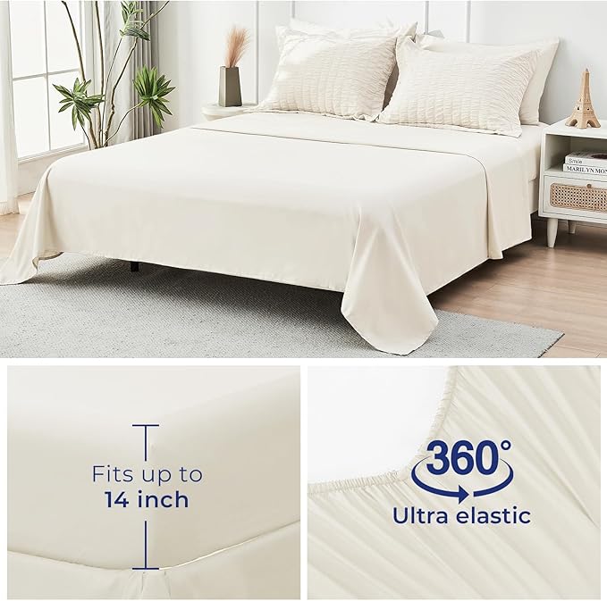 HYMOKEGE Ivory California King Comforter Set Seersucker 7 Pieces, All Season Luxury Bed in a Bag for Bedroom, Bedding Set with Comforters, Sheets, Pillowcases & Shams