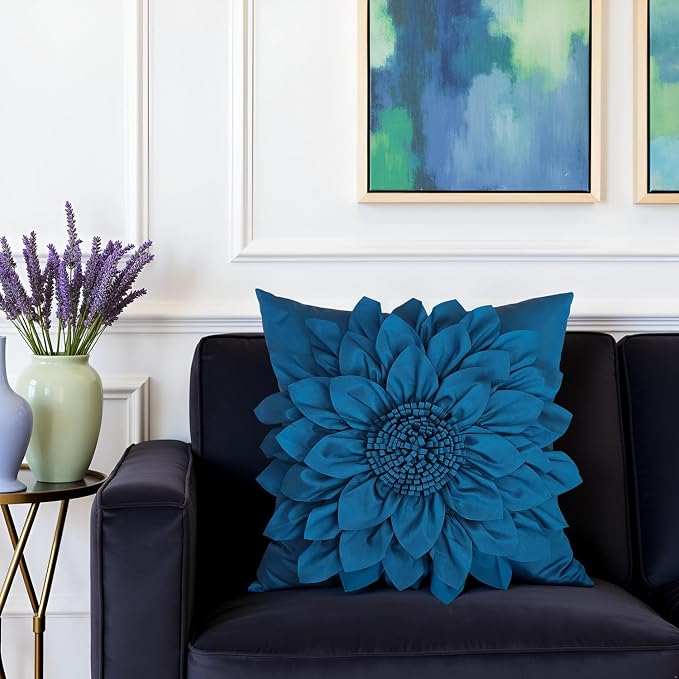 Navy Blue Accent Flower Decorative Throw Pillow Covers - Image 5