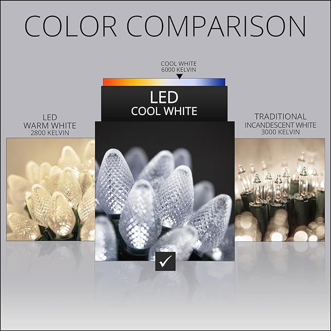 Wintergreen Lighting C7 Cool White LED Christmas Lights, 17 ft String Light Set with 25 Bulbs – Indoor/Outdoor Holiday Decor
