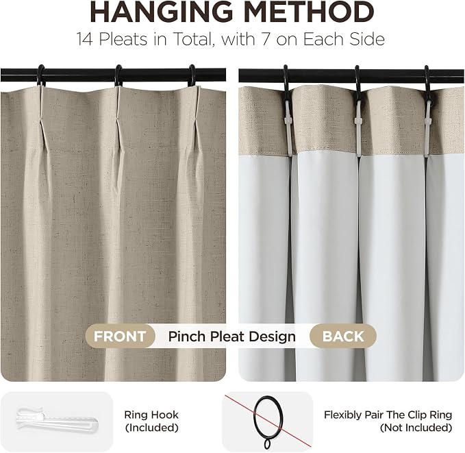 Joydeco 100% Blackout Pleated Curtains, Linen Window Curtains 2 Panel Sets 108 - Image 3