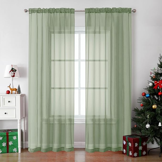 OVZME Sage Green Sheer Curtains 78 Inches Long 2 Panels - Soft Light Filtering Window Sheer Panels for Living Room/Bedroom, Top Dual Rod Pocket, 1 Pair, Each 42Wx78L Inches