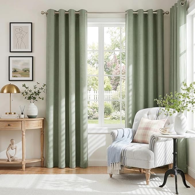 100% Blackout Linen Textured Curtains 80 Inch Long, Sage Green | 100% Blackout - Image 2