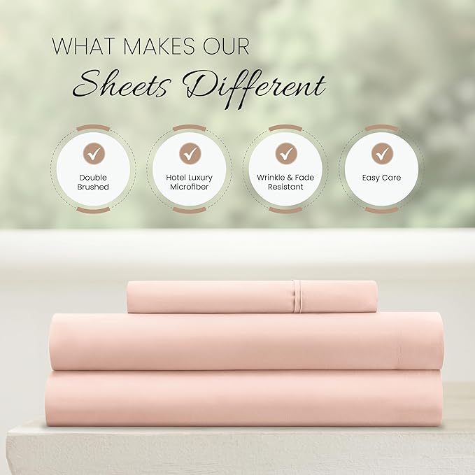 Linen Market Double-Brushed Microfiber Twin Sheet Set 3 Piece – Oeko-TEX Certified Ultra Soft & Wrinkle-Free - 16" Deep Pocket Sheets - Easy Care Twin Size - Blush