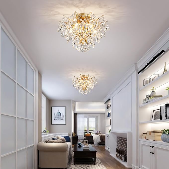 WUZUPS 5-Light Crystal Chandelier Flushmount Ceiling Light Modern Lighting Fixture for Bedroom Hallway Bar Kitchen Bathroom, H 12" W 15.4", E12 Base, Gold