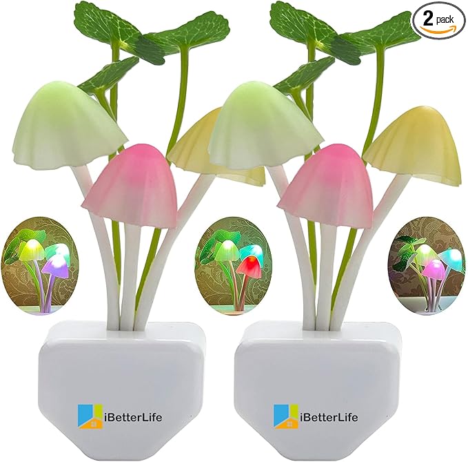 iBetterLife Sensor Mushroom Night Light - 2 Pack Color Changing Plug in Wall LED Mushroom Nightlight with Dusk to Dawn Sensor Auto On/Off Cottage Core Decor Lamp, Super Power Saving