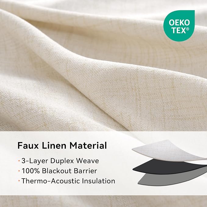 100% Blackout Linen Textured Curtains 63 Inch Long, Butter Cream | 100% - Image 4