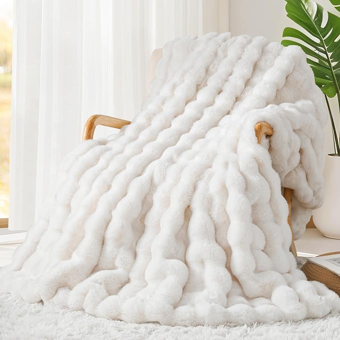 Luxury 1000GSM Faux Rabbit Fur Throw Blanket, Super Heavy Warm Cozy Blankets by TOUCHAT