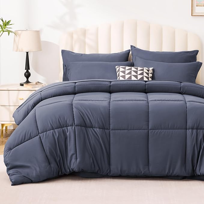 Love's cabin Twin Comforter Set Indigo Blue, 5 Pieces Twin Bed in a Bag, All Season Bedding Sets with 1 Comforter, 1 Flat Sheet, 1 Fitted Sheet, 1 Pillowcase and 1 Pillow Sham