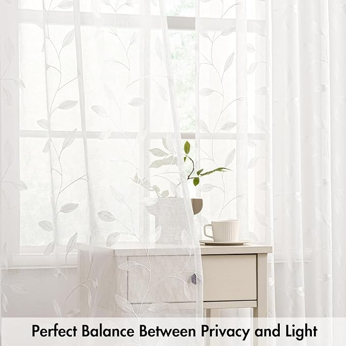 MIULEE White Sheer Curtains 2 Panels Embroidered Leaf Patterned, W52 x L54 | - Image 5