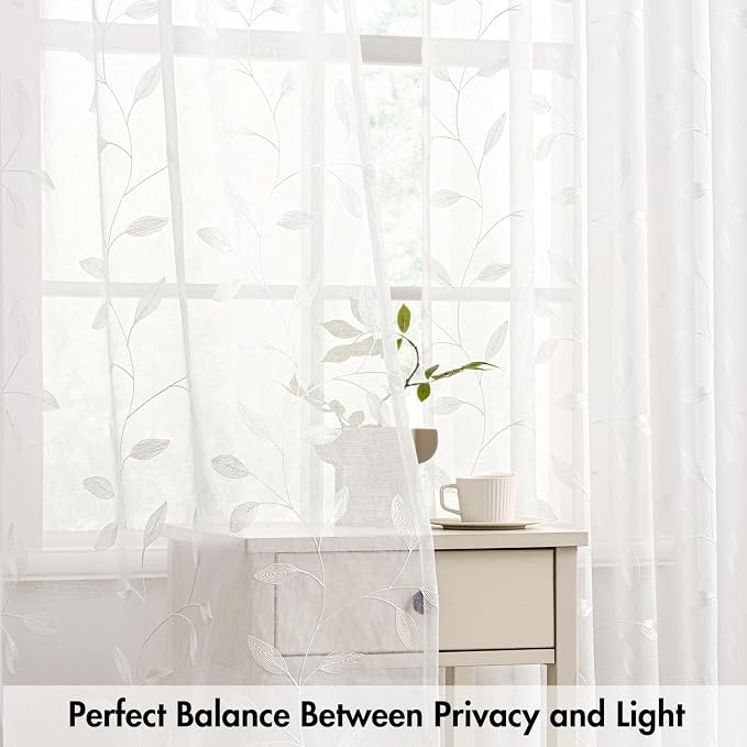 MIULEE White Sheer Curtains 2 Panels Embroidered Leaf Patterned, W52 x L96 | - Image 5