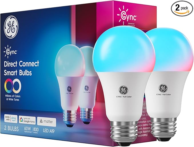 GE Cync A19 LED Smart Light Bulbs, Room Decor Aesthetic Bluetooth and WiFi Color Changing Lights, LED Indoor Light Bulb, Compatible with Alexa and Google (2 Pack)