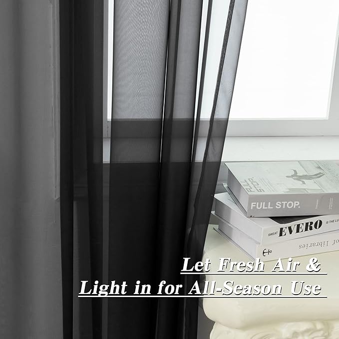 HUTO Black Sheer Curtains 96 Inches Long for Living Room Rod Pocket Voile Window Drapes for Bedroom,2 Panels