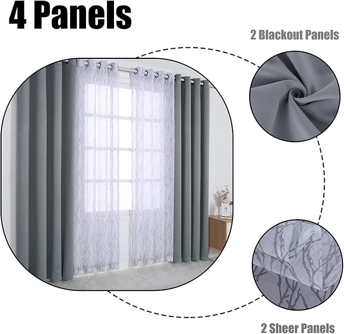 BONZER Mix and Match Curtains - 2 Pieces Branch Print Sheer Curtains and 2 Pieces Blackout Curtains for Bedroom Living Room Grommet Window Drapes, 54x84 Inch/Panel, Light Grey, Set of 4 Panels