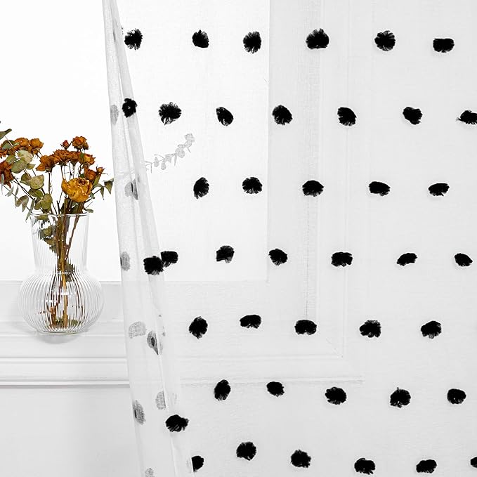 MYSKY HOME Black Pom Pom Curtains Halloween Nursery Curtains for Girls Bedroom 63 Inch Length Long Window White Sheer Curtains for Kids Room Rod Pocket Farmhouse Window Drapes 2 Sets 52" x 63"