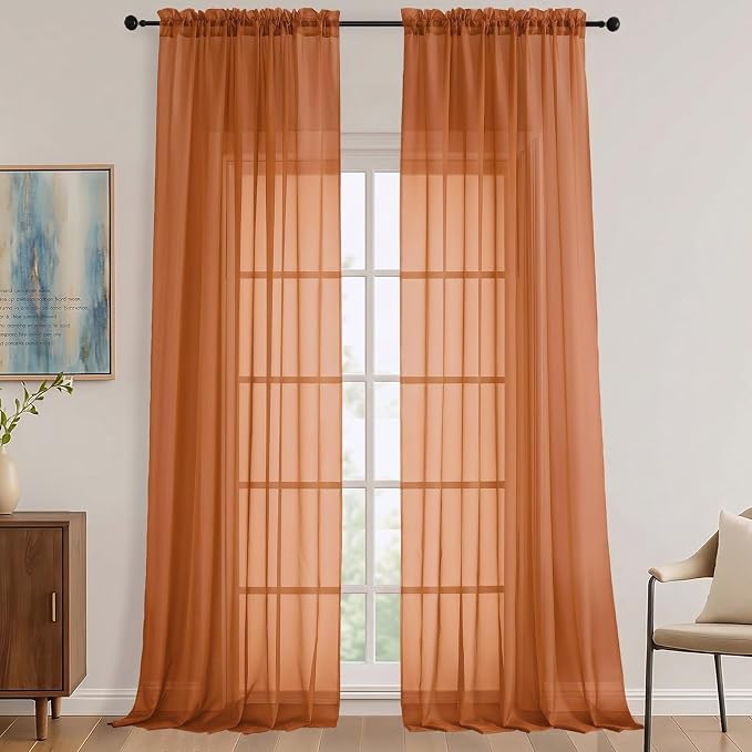 Sheer Orange Curtains 108 Inches Long 2 Panels Set, 59 Inch Extra Wide by OVZME