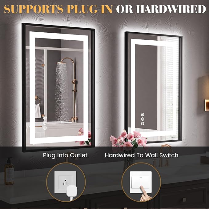 LED Bathroom Mirror,28"x36" Mirror with Black Frame, Front Light and Backlit, Stepless Dimmable, Anti-Fog, Shatter-Proof, Memory, 3 Colors, Double LED Vanity Mirror