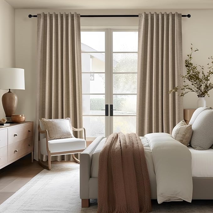 Topfinel Taupe Burlap Linen Blackout Curtains 63 Inches Long 2 Panels - Image 4