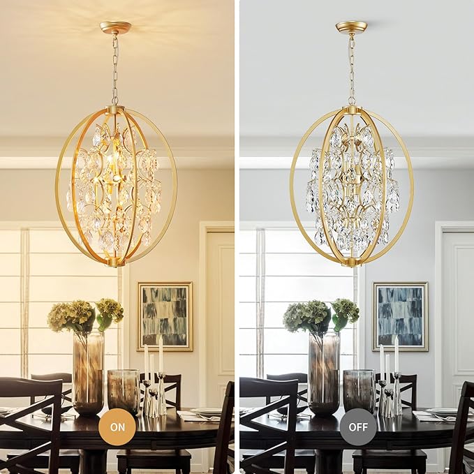 WUZUPS Globe Crystal Chandelier Raindrop Pendant Flushmount Ceiling Light Modern Lighting Fixture for Bedroom Hallway Bar Kitchen Bathroom, H 23.6" x W 19.7", Gold, 8 E12 Base