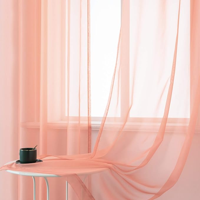 DUALIFE Coral Curtains 63 Inch Length for Girls Bedroom Decor 2 Panels Set Grommet Lightweight Gauzy Drapes Orange Coral Sheer Curtains for Living Room Kids Nursery 52x63 Inches