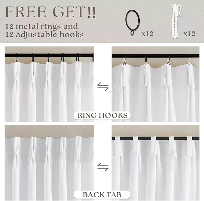 Snow White Pinch Pleated Linen 120 Inch Curtains 60 Inch Width | Linen Blend - Image 4