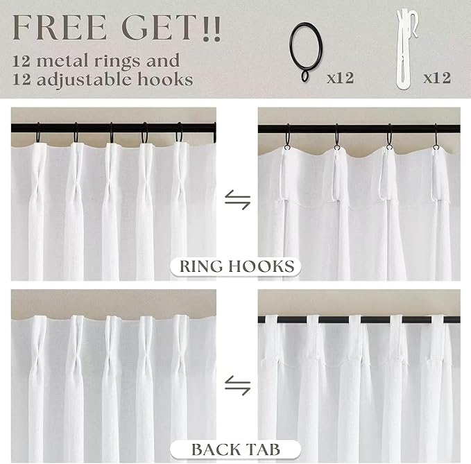 Snow White Pinch Pleated Linen 102 Inch Curtains 60 Inch Width | Linen Blend - Image 4