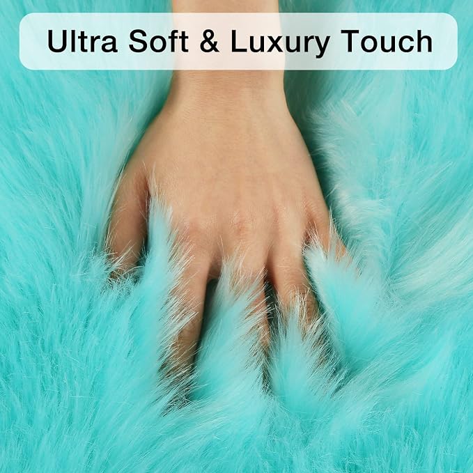 Turquoise Blue Faux Sheepskin Runner Rugs 2x6 ft, Fluffy Fur Couch Covers | - Image 5