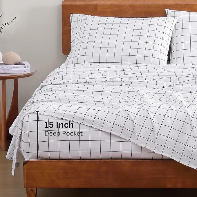 LANE LINEN 100% Organic Cotton King Size Sheets Set, Soft Breathable Sheets Percale Weave, All Season Machine Washable Hotel-Quality Mercerized Fully Elasticized Printed King Sheet Set - Windowpane