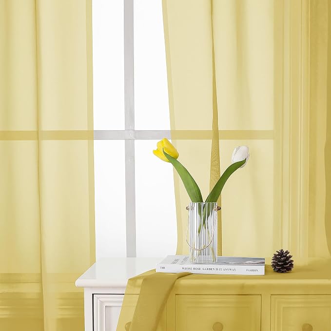 Yellow Sheer Curtains 63 Inch Length 2 Panels, Light Filtering Voile Curtain - Image 7