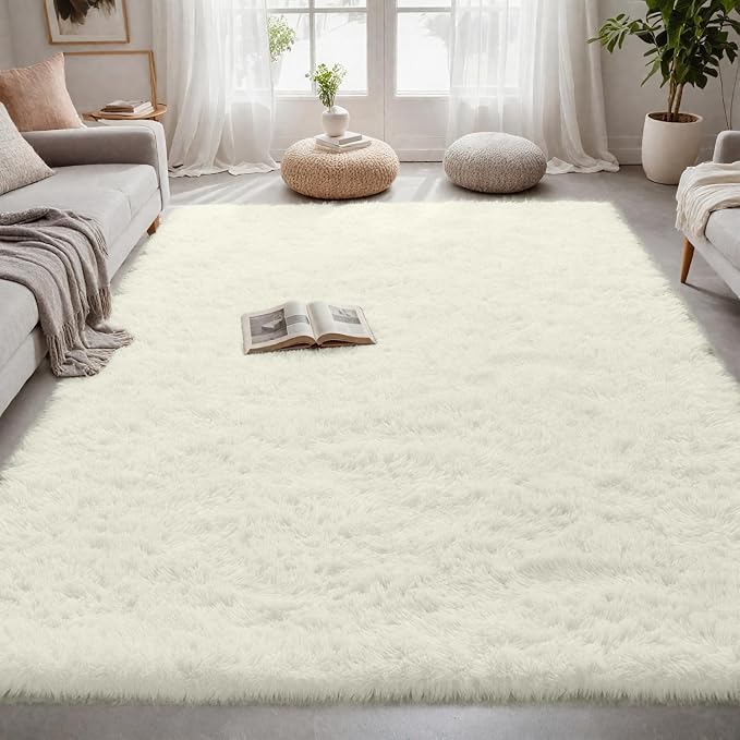 4x6 Fluffy Shag Area Rugs for Living Room Bedroom: Soft Carpet Cream White | - Image 3
