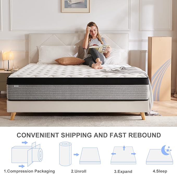 JINGWEI Queen Mattress, 10 Inch Innerspring Hybrid Mattress in a Box, Individually Pocket Coils,Queen Size Mattress